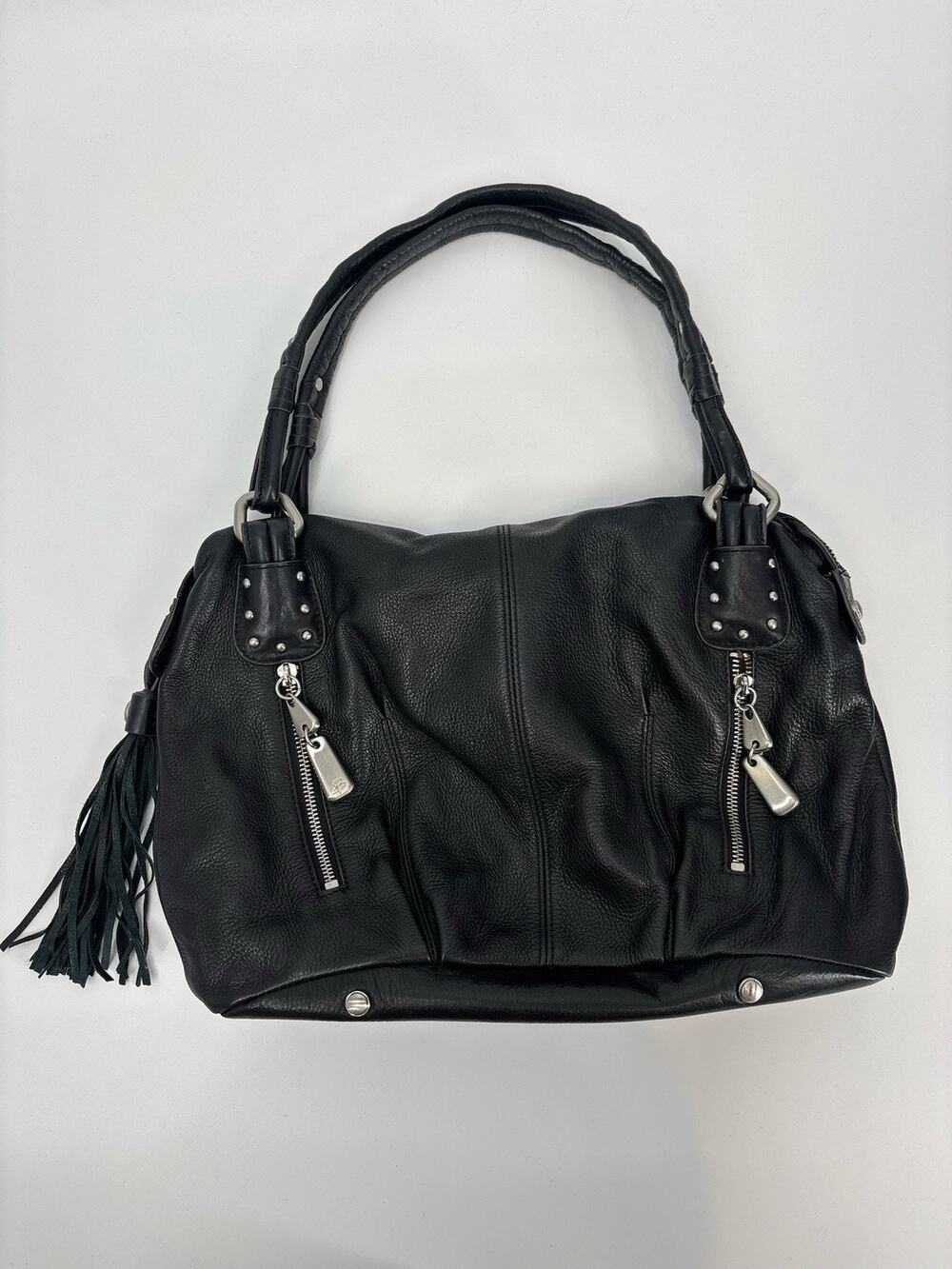 B. Makowsky Black Genuine Leather hobo Shoulder Bag Leopard Print Lining